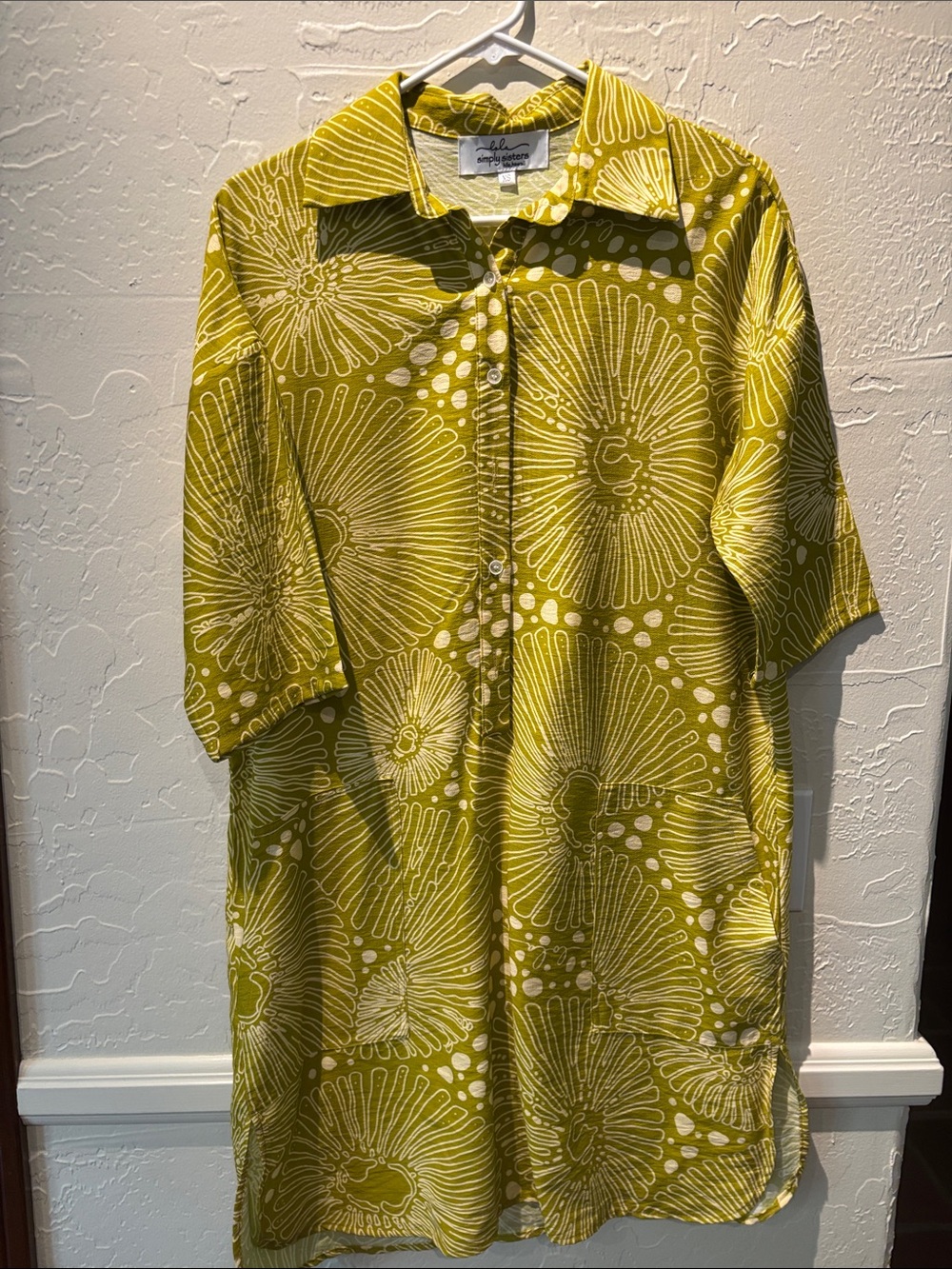 Simply Sisters - Hilo , HI - Olive Green and Cream Printed Shirt Dress